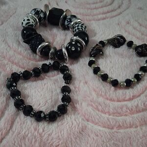 Chic Black and Silver Beaded Bracelet Trio